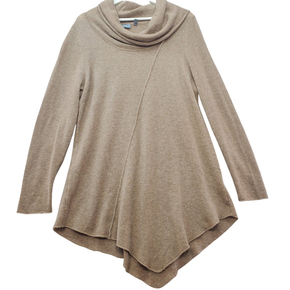Neiman Marcus Cashmere Sweater Women XL Tan Cowl Neck Asymmetric Old Money Chic
